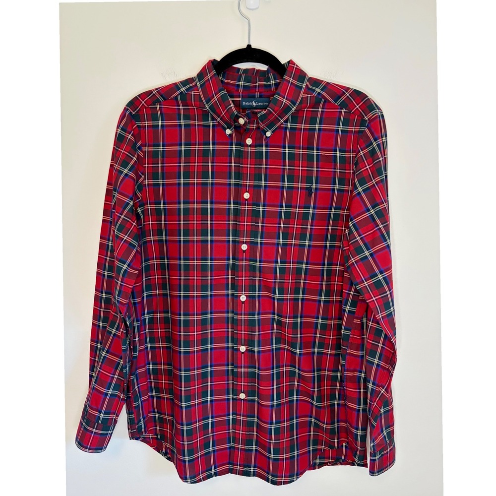 Ralph Lauren Boys XL 18-20 Red Plaid Cotton Button Down Shirt Long Sleeve Tartan